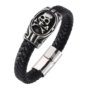 Black Braided Leather Stainless Steel Skull and Crossbones Bracelet