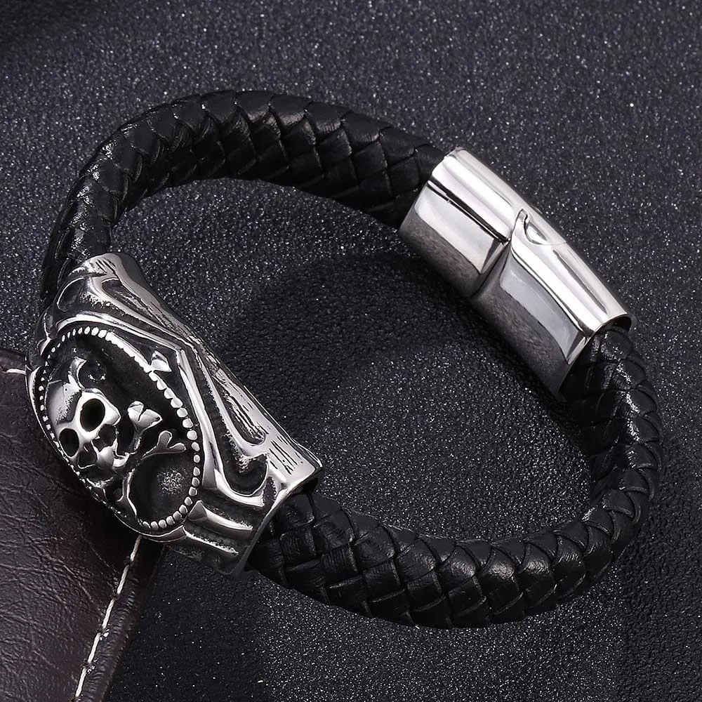 Black Braided Leather Stainless Steel Skull and Crossbones Bracelet