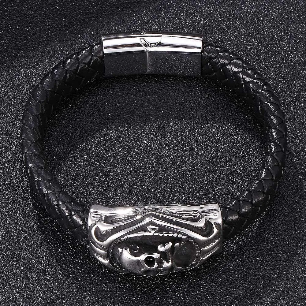 Black Braided Leather Stainless Steel Skull and Crossbones Bracelet