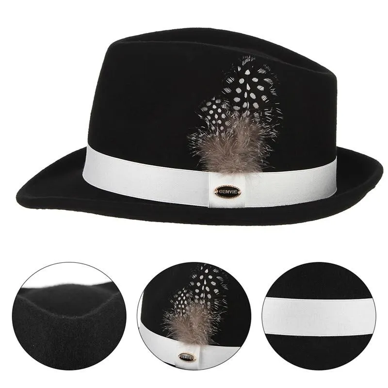 Black European Style Curved Brim Wool Felt Fedora Trilby Hat with Feathers on White Hatband