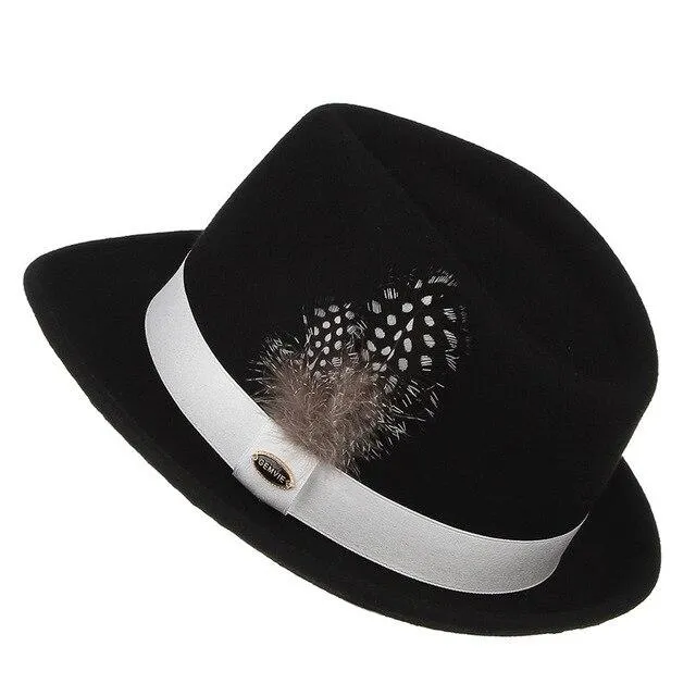 Black European Style Curved Brim Wool Felt Fedora Trilby Hat with Feathers on White Hatband