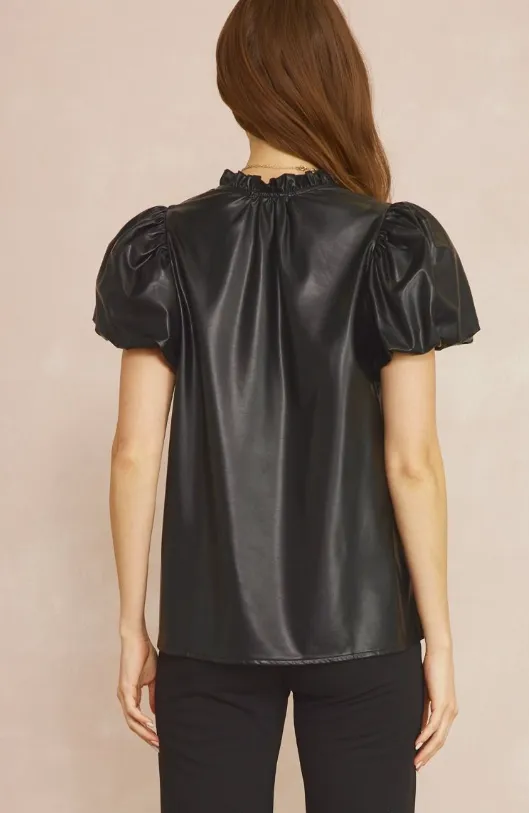 Black Faux Leather Puff Short Sleeve Top