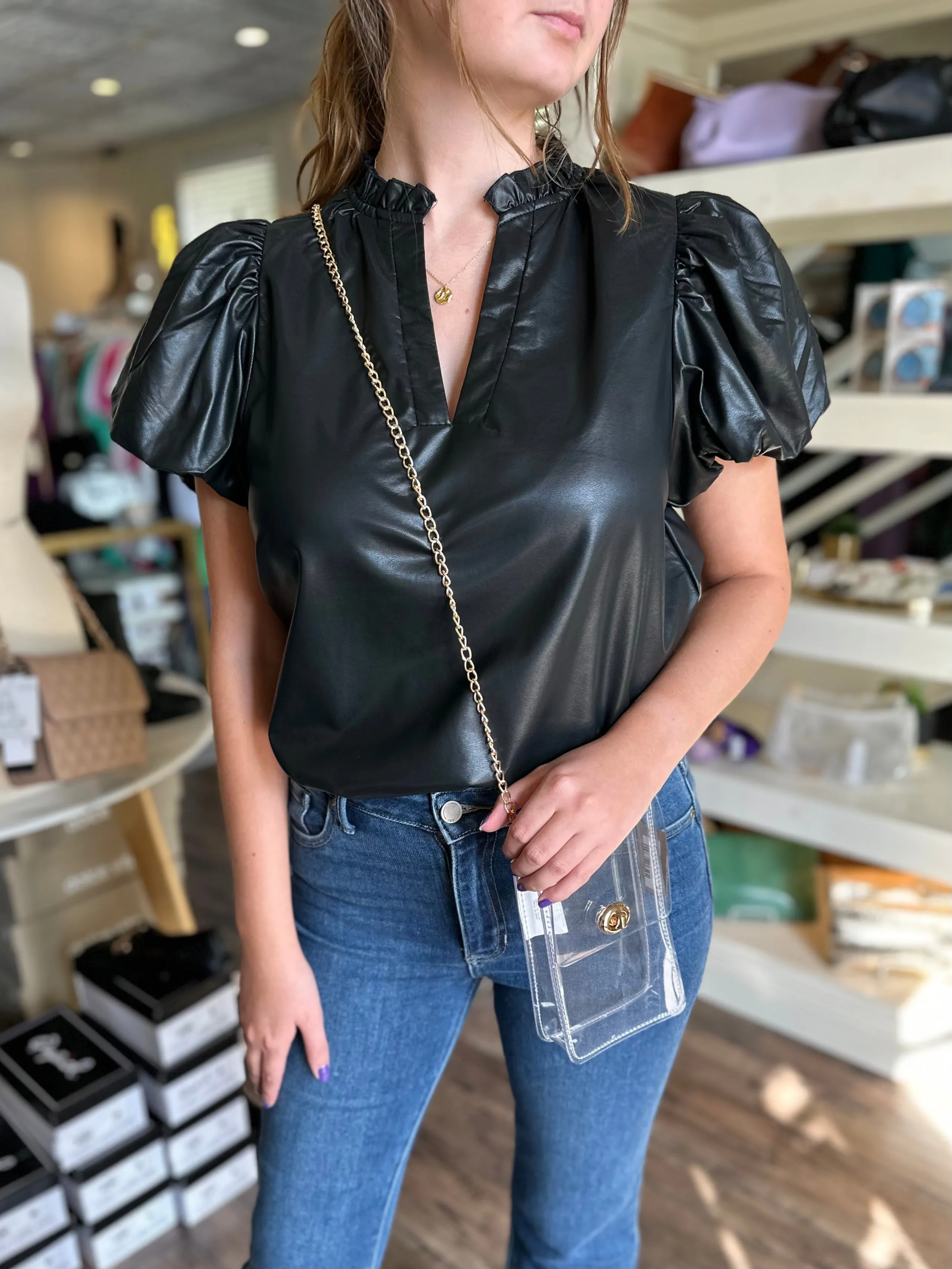 Black Faux Leather Puff Short Sleeve Top