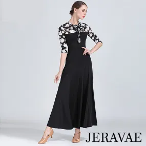 Black Long Ballroom Practice Dress with White and Black Floral Mesh Half Sleeves and Decolletage Sizes S-XXL PRA 179