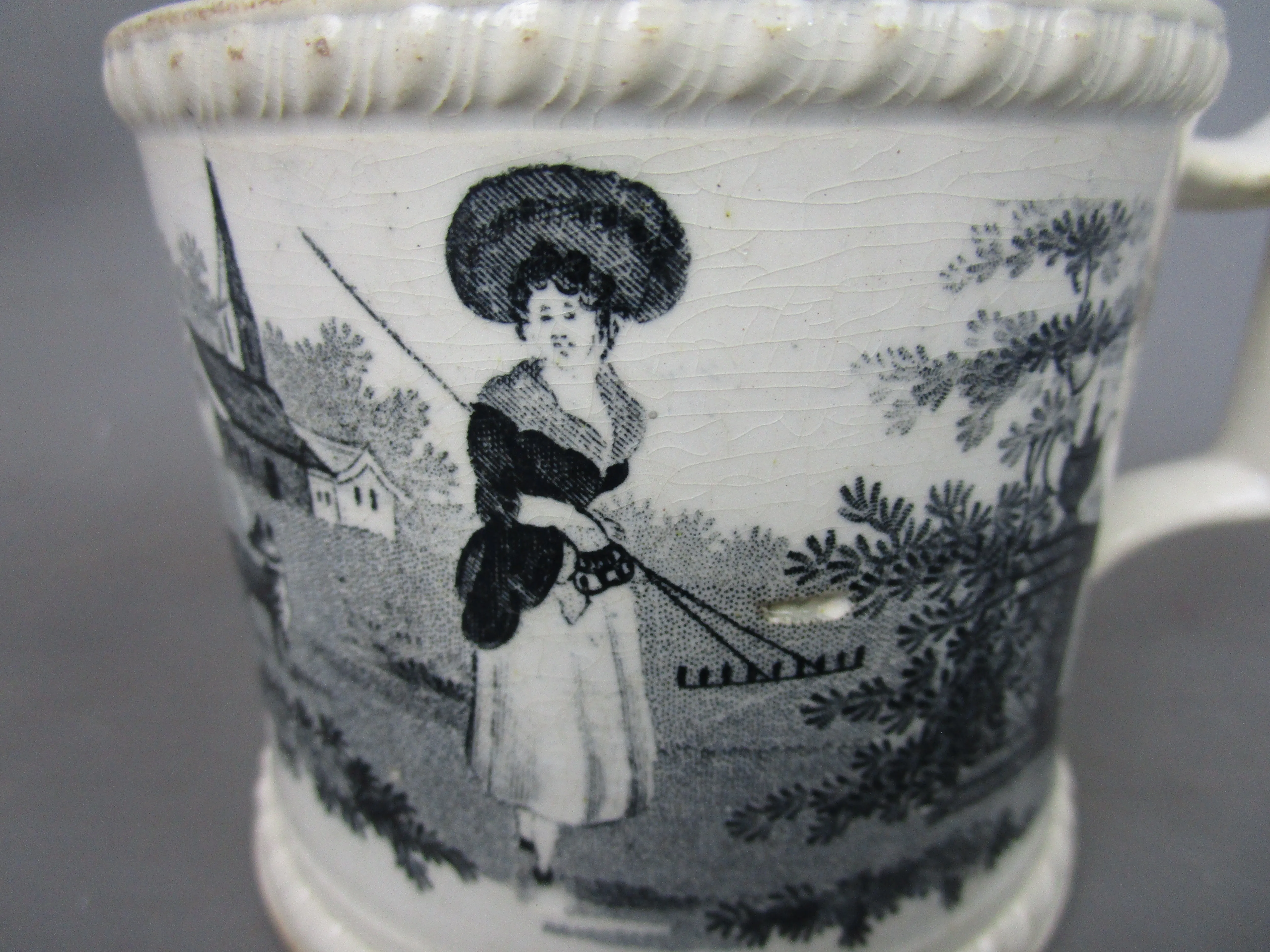 Black Transferware Tankard Antique Victorian c1840