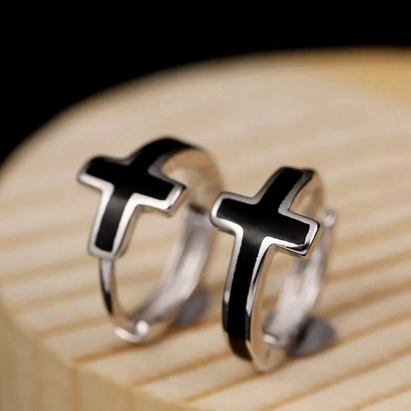 Black/White Cross 925 Sterling Silver Ear Clip Fashion Earrings