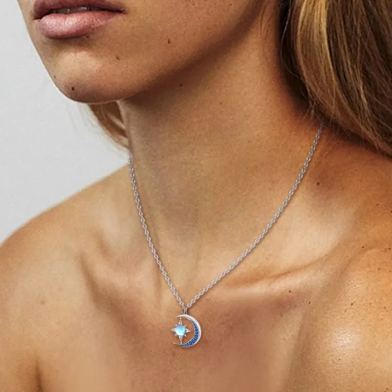 Blue and Silver Sun Moon and Stars Crystal Pendant Necklace