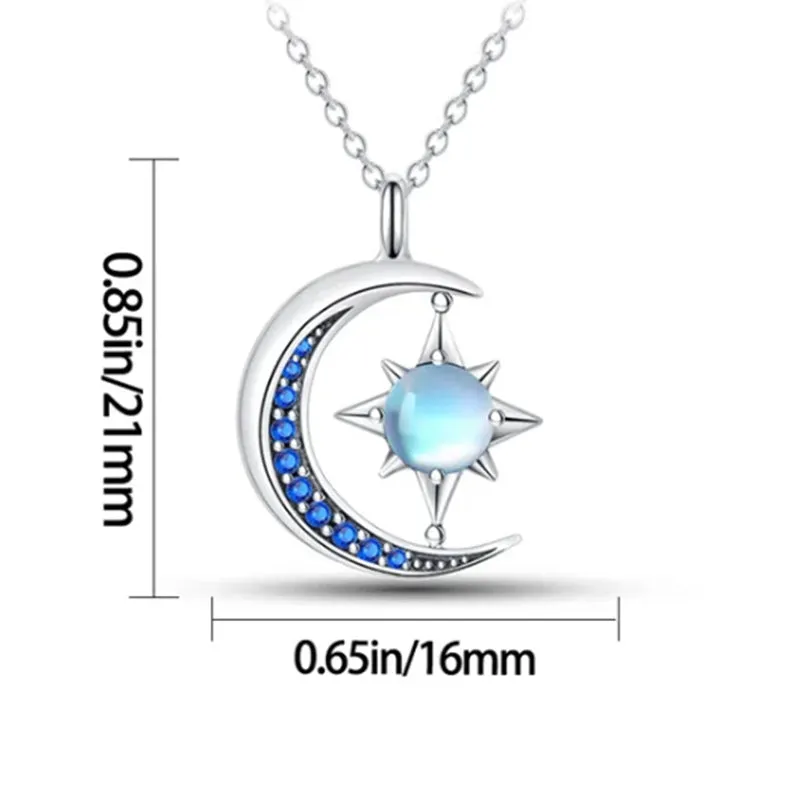 Blue and Silver Sun Moon and Stars Crystal Pendant Necklace