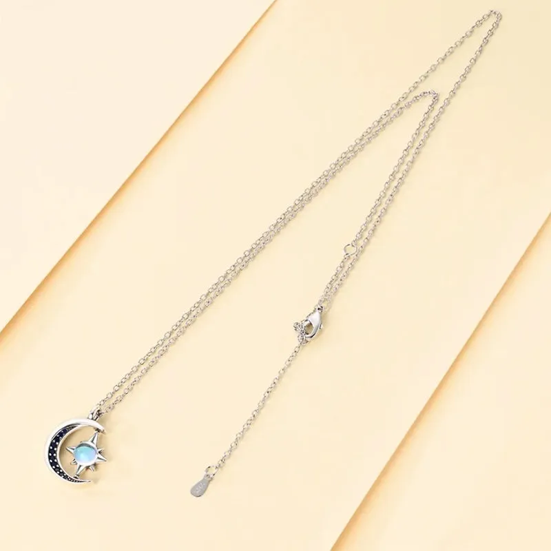 Blue and Silver Sun Moon and Stars Crystal Pendant Necklace