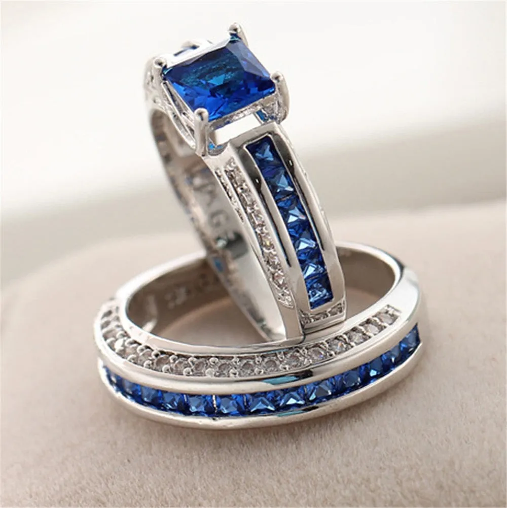 Blue/Silver and Blue Cubic Zirconia Stainless Steel Wedding Ring Set