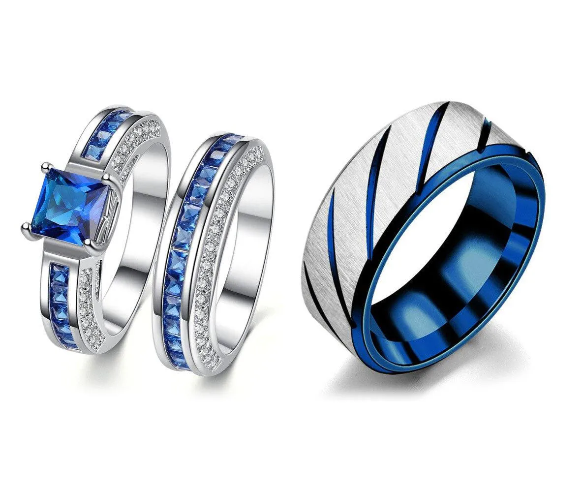 Blue/Silver and Blue Cubic Zirconia Stainless Steel Wedding Ring Set