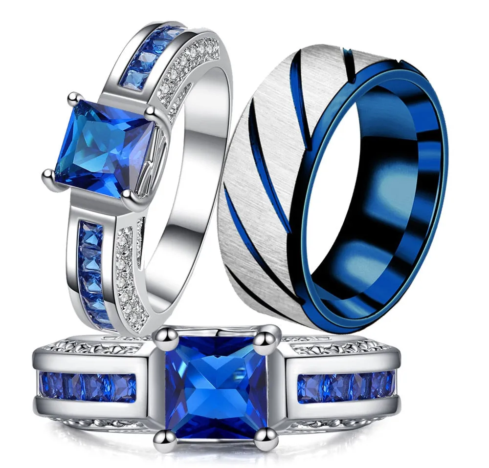 Blue/Silver and Blue Cubic Zirconia Stainless Steel Wedding Ring Set