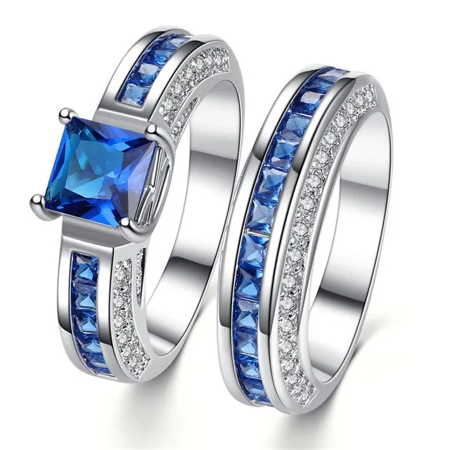 Blue/Silver and Blue Cubic Zirconia Stainless Steel Wedding Ring Set