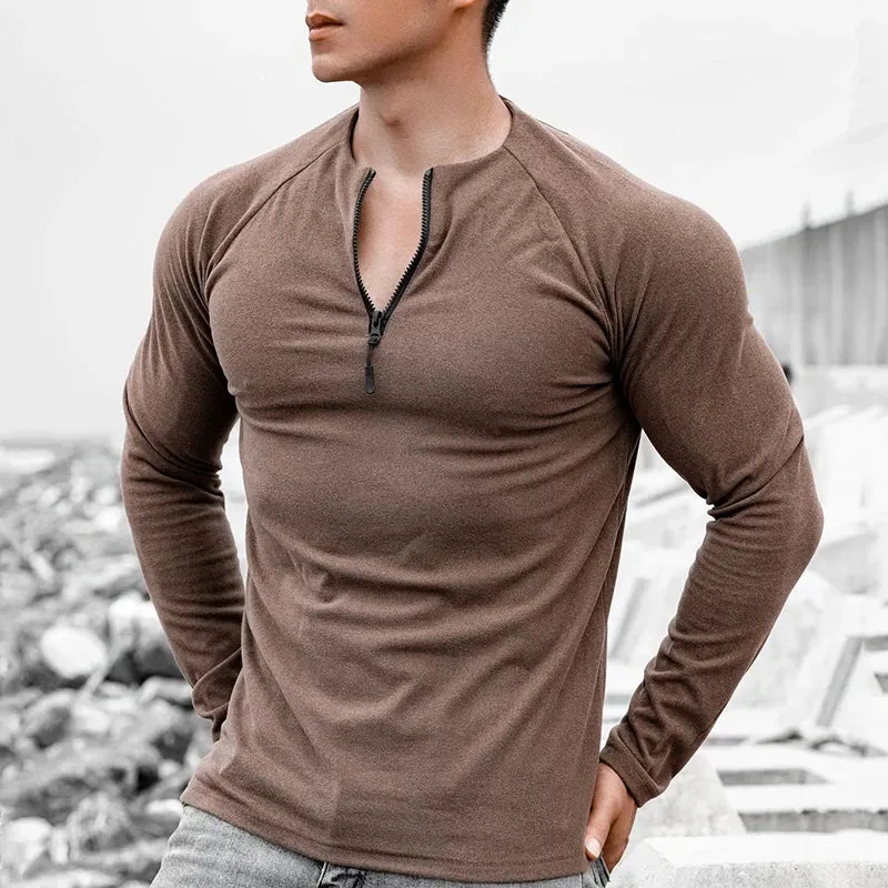 BONSIR  -  2024 Slim O-Neck Zipper Tops Spring Autumn Muscle Elastic t Shirts Men Clothing Casual Solid Long Sleeve Pullover Tees For Man