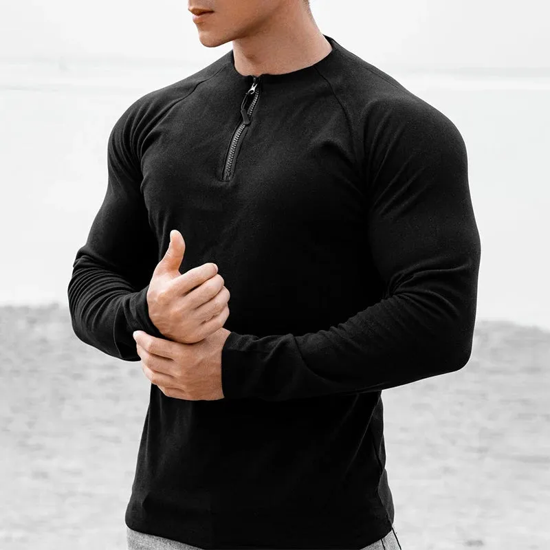 BONSIR  -  2024 Slim O-Neck Zipper Tops Spring Autumn Muscle Elastic t Shirts Men Clothing Casual Solid Long Sleeve Pullover Tees For Man