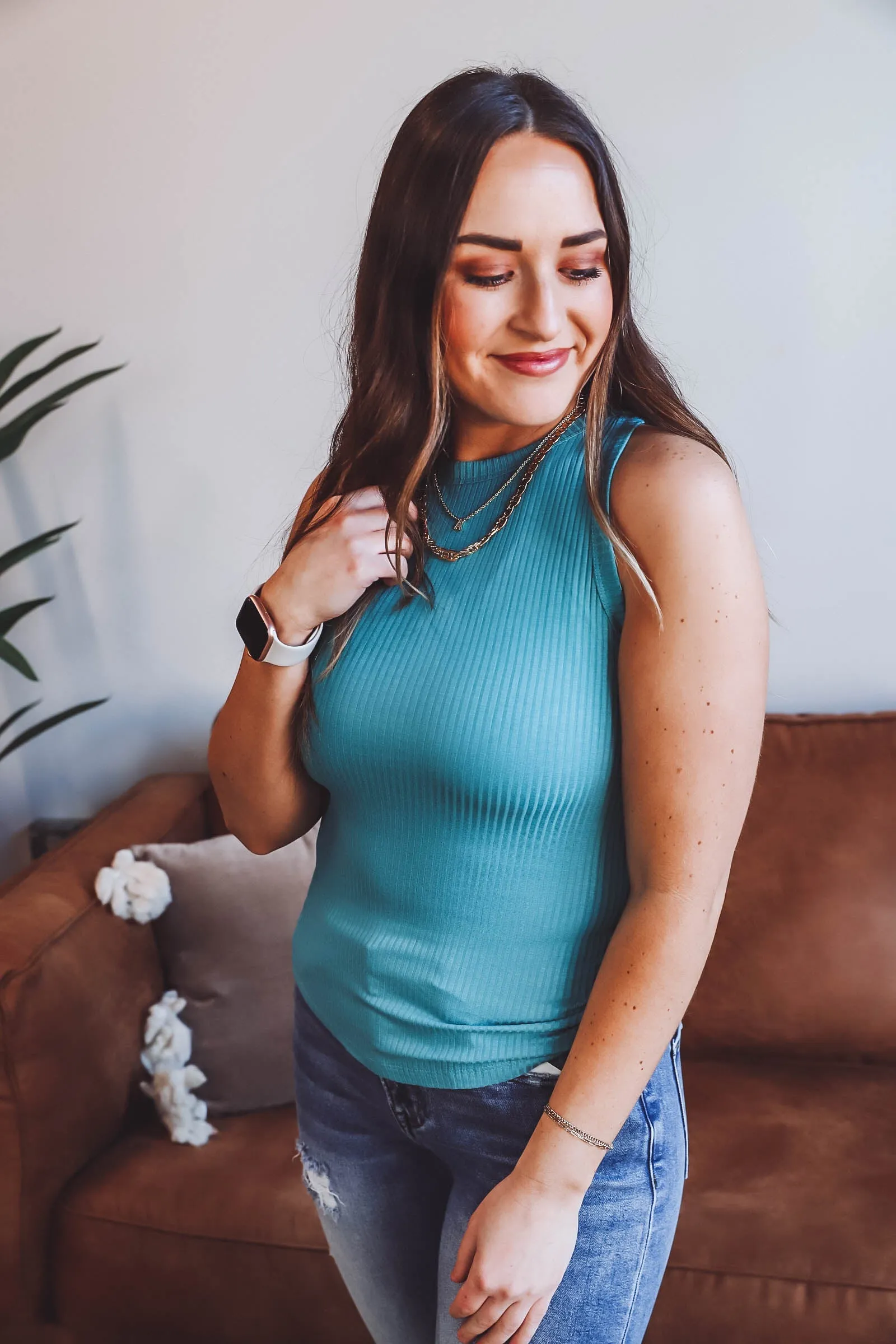 Bree Ribbed Tank-Dusty Teal