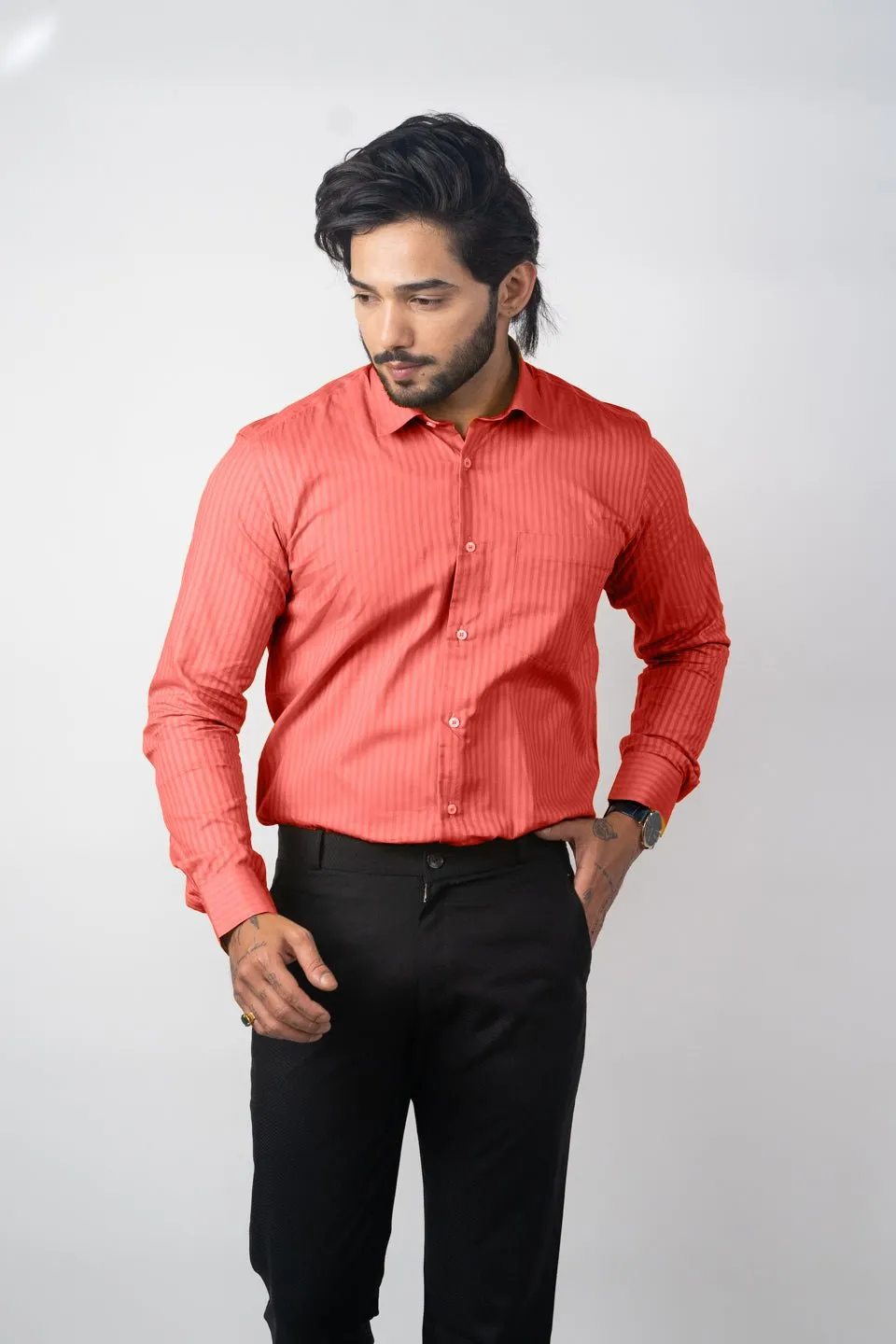 Brick Pink Color vertical Cotton stripe Shirt For Men