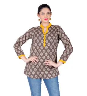 Brown / Beige Button Up Round Neck Hand Block Printed Ethnic Top