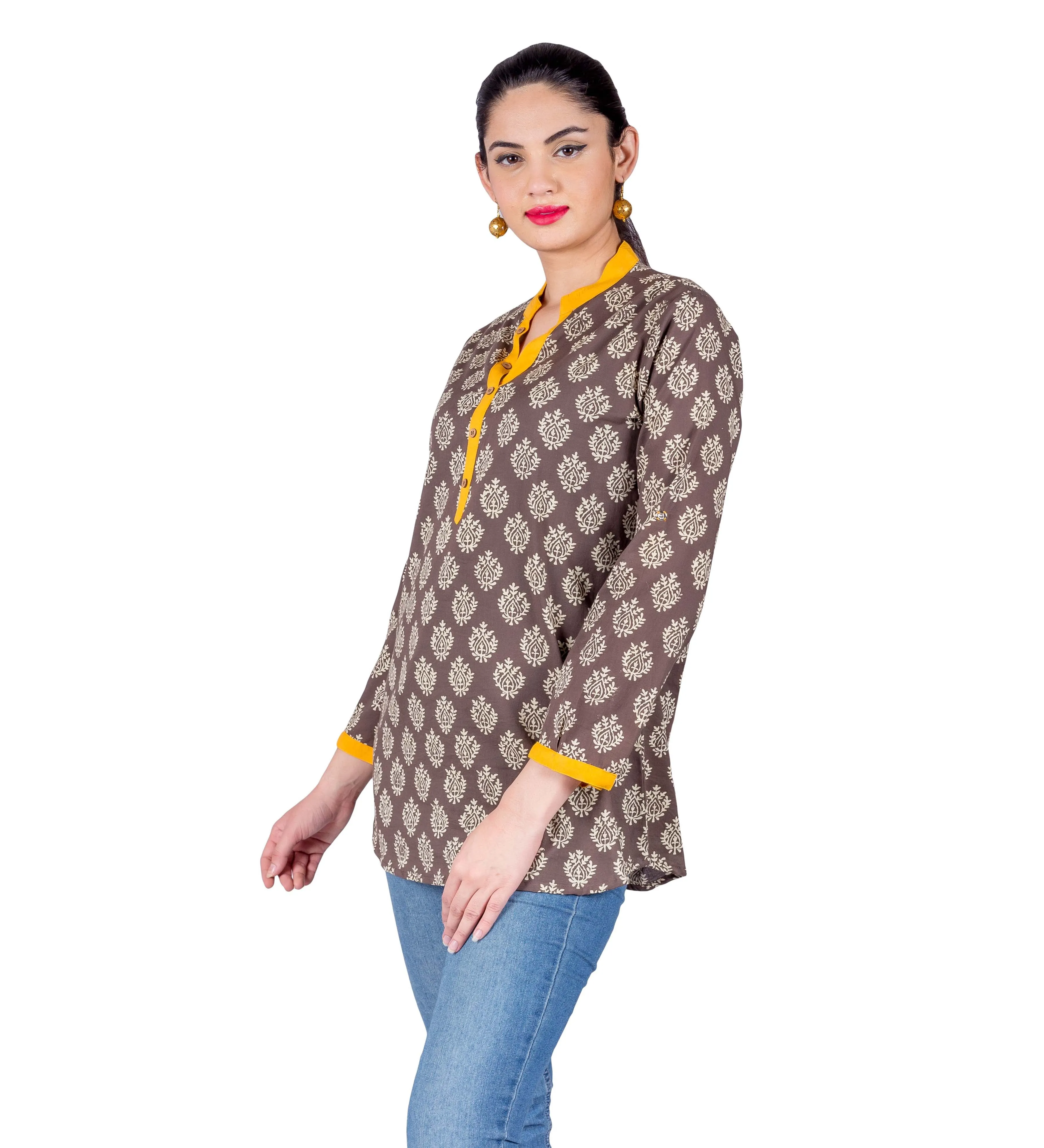 Brown / Beige Button Up Round Neck Hand Block Printed Ethnic Top