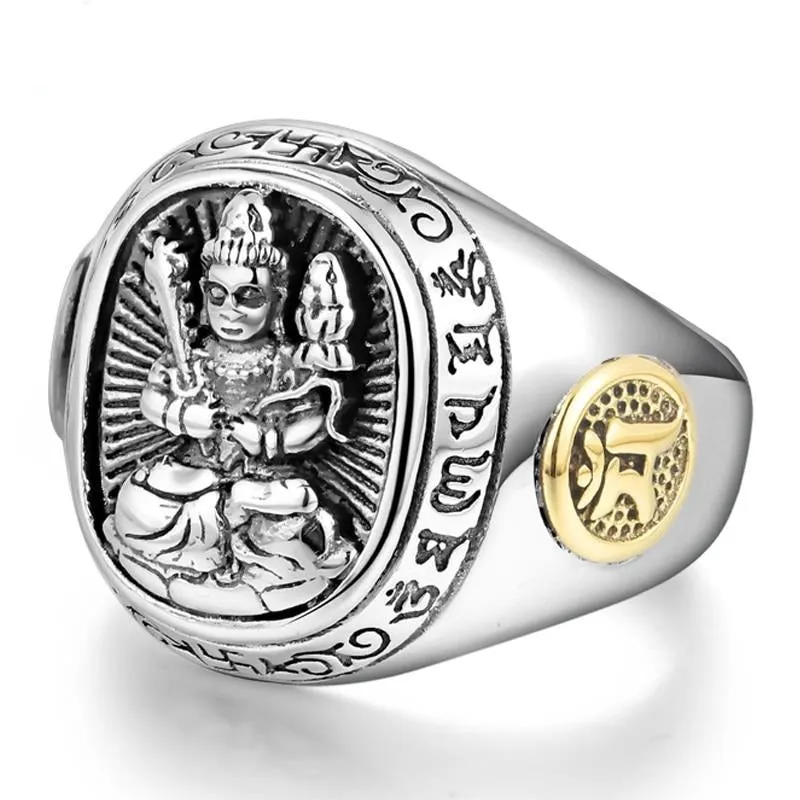 Buddha Chinese Zodiac Signet 925 Sterling Silver Adjustable Vintage Biker Ring