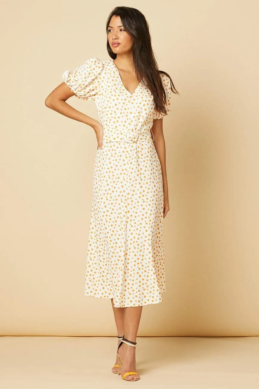 Catherine White Dress in Orange Polka Dot