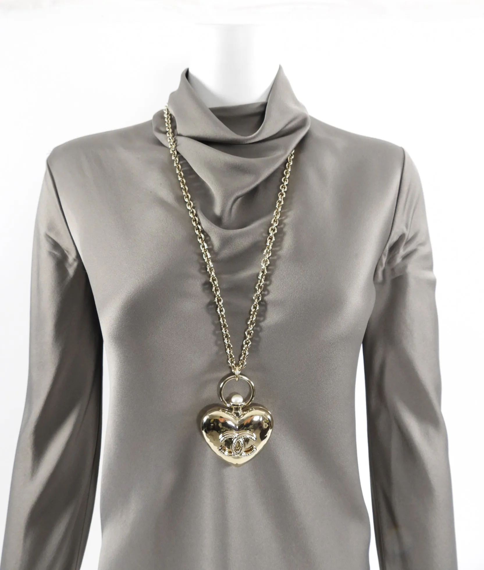 Chanel 22C Goldtone Pearl Puff Heart Locket Necklace