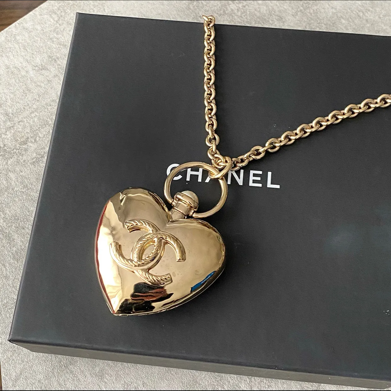 Chanel 22C Goldtone Pearl Puff Heart Locket Necklace