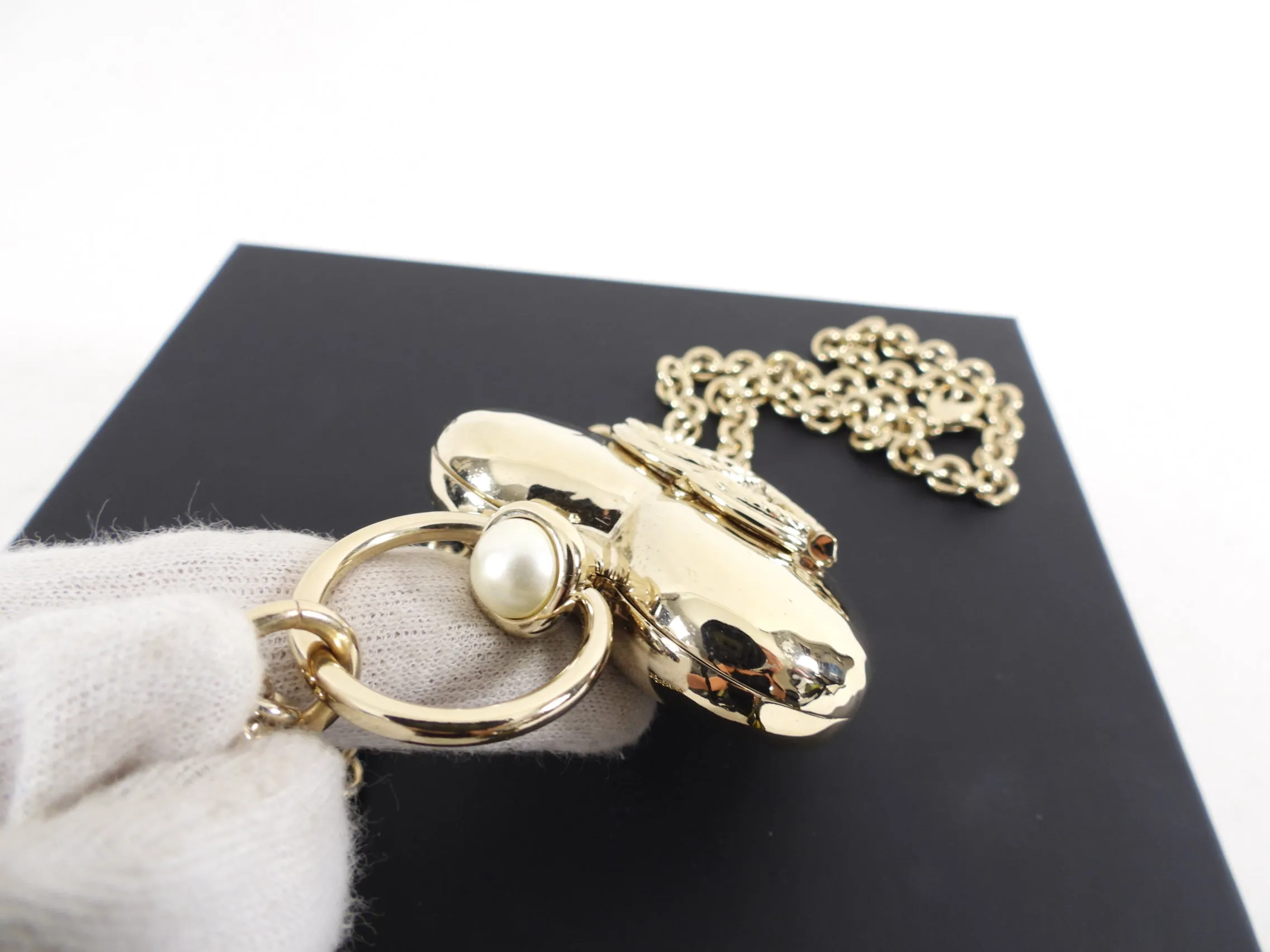 Chanel 22C Goldtone Pearl Puff Heart Locket Necklace