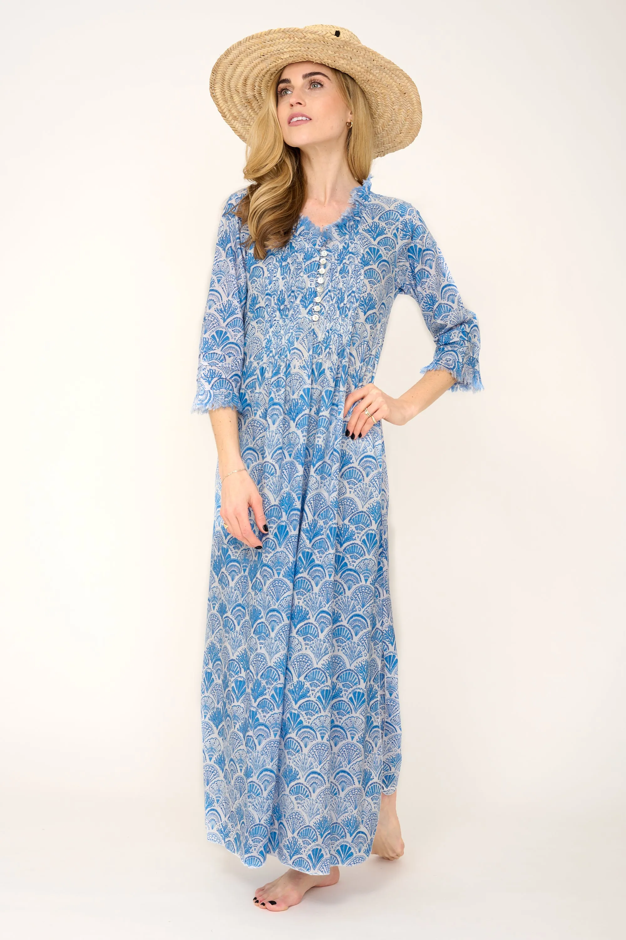 Cotton Annabel Maxi Dress in White with Blue Shells