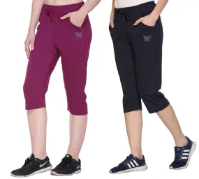 Cotton Capris For Women - Half Pants Pack of 2 (Purple & Navy Blue)