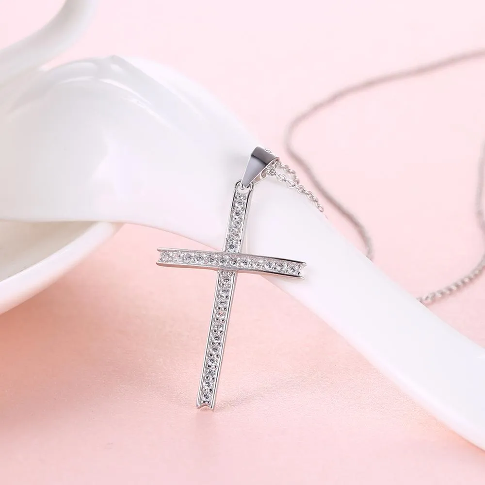 Cross Cubic Zirconia 925 Sterling Silver Retro Pendant Necklace