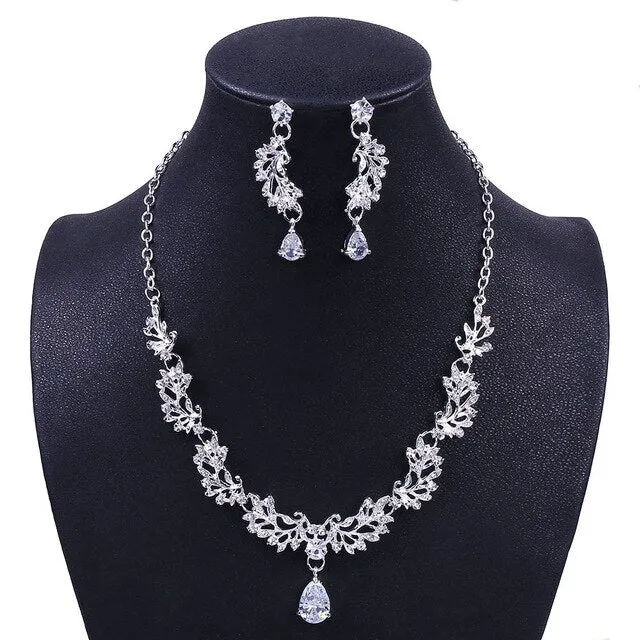 Cubic Zirconia, Leaf and Rhinestone Tiara, Necklace & Earrings Prom Jewelry Set