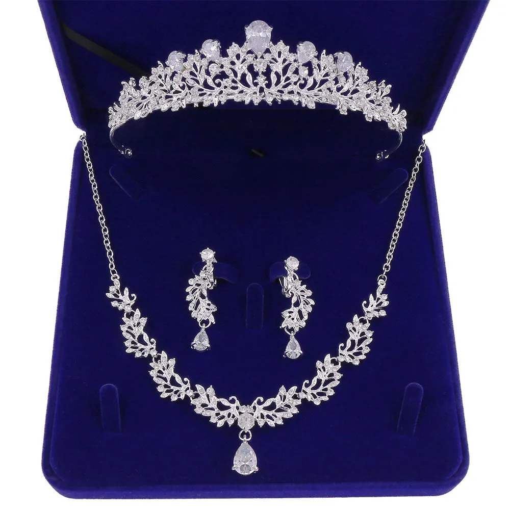 Cubic Zirconia, Leaf and Rhinestone Tiara, Necklace & Earrings Prom Jewelry Set