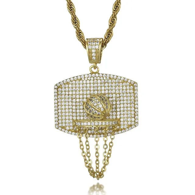 Cubic Zirconia Studded Basketball Bling Hip-hop Pendant Necklace