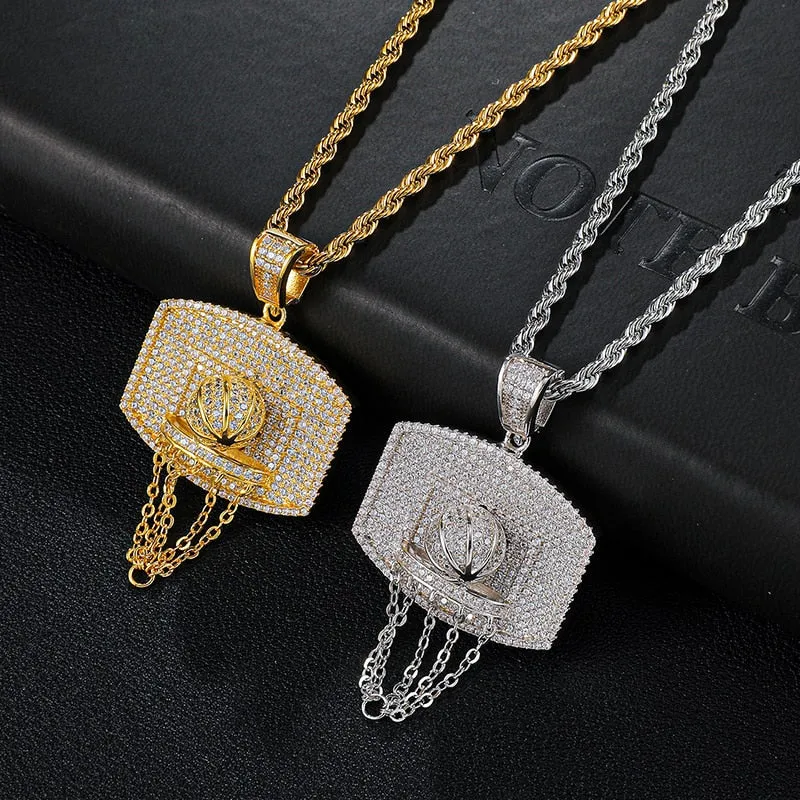 Cubic Zirconia Studded Basketball Bling Hip-hop Pendant Necklace