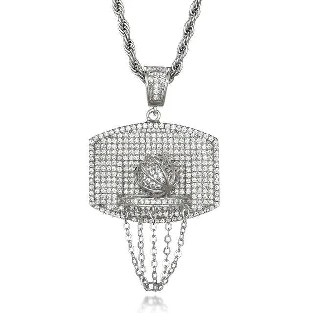 Cubic Zirconia Studded Basketball Bling Hip-hop Pendant Necklace