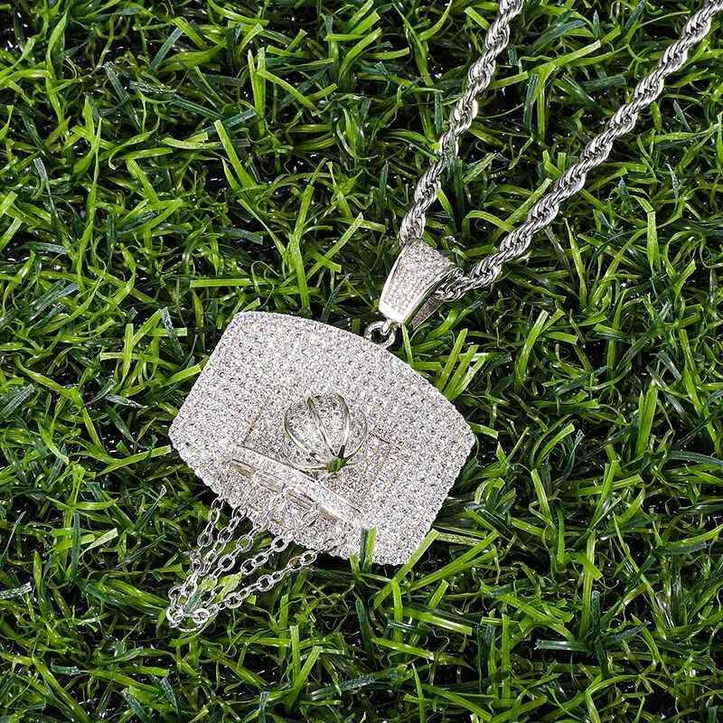 Cubic Zirconia Studded Basketball Bling Hip-hop Pendant Necklace