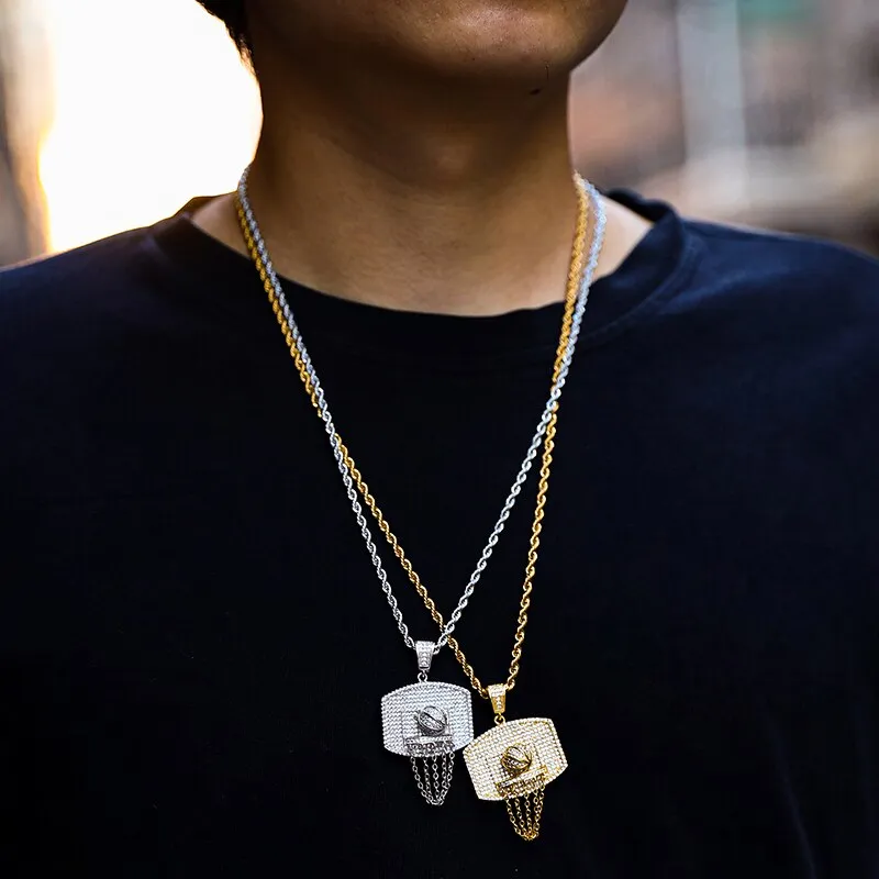 Cubic Zirconia Studded Basketball Bling Hip-hop Pendant Necklace