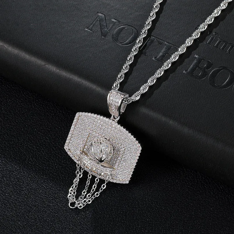 Cubic Zirconia Studded Basketball Bling Hip-hop Pendant Necklace