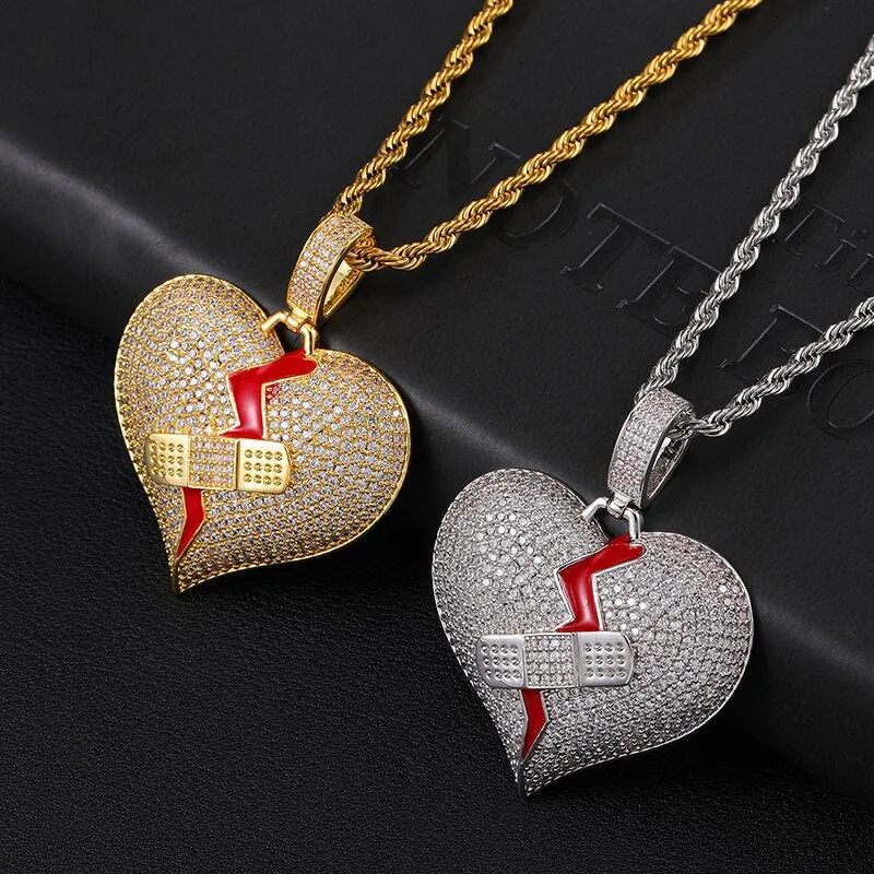 Cubic-Zirconia-Studded Broken Heart with Bandage Hip-hop Pendant Necklace