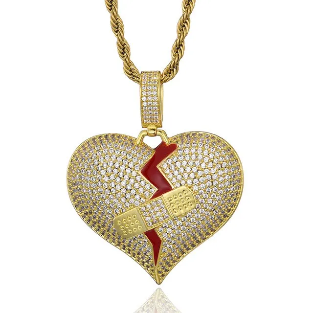 Cubic-Zirconia-Studded Broken Heart with Bandage Hip-hop Pendant Necklace