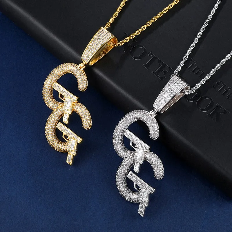 Cubic-Zirconia-Studded Double C and Pistols Hip-hop Pendant Necklace