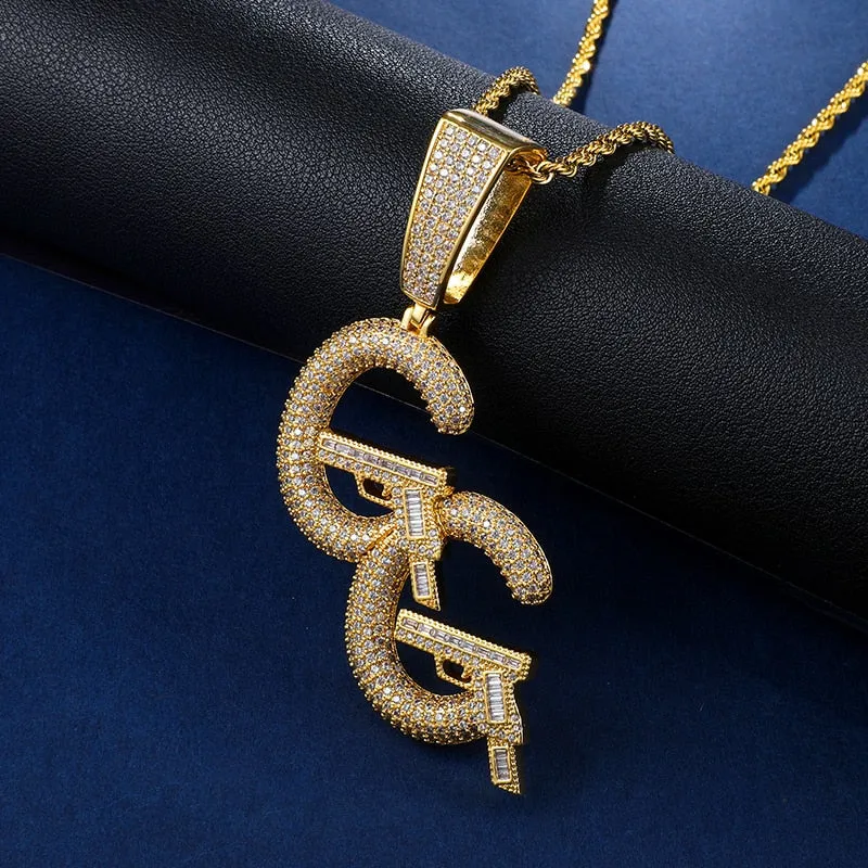 Cubic-Zirconia-Studded Double C and Pistols Hip-hop Pendant Necklace