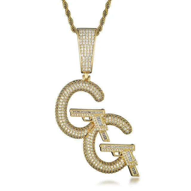 Cubic-Zirconia-Studded Double C and Pistols Hip-hop Pendant Necklace