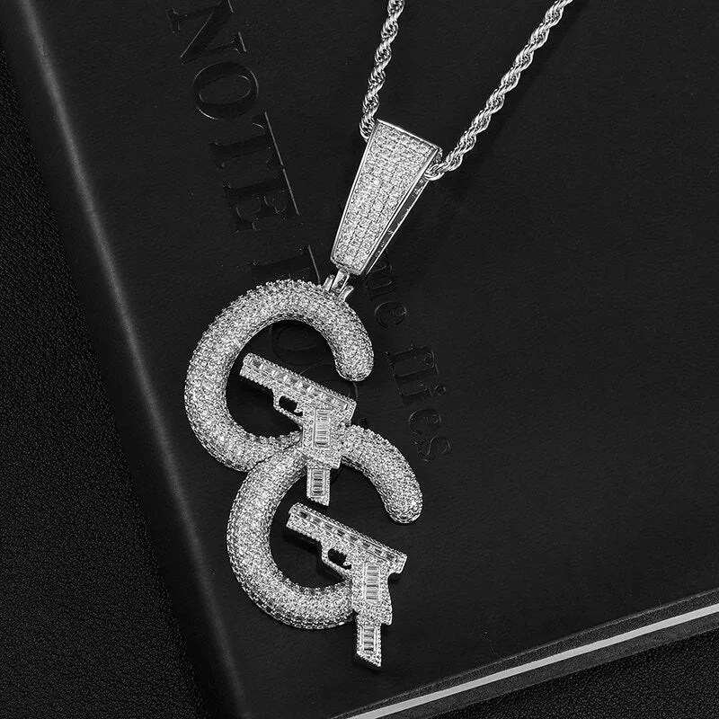 Cubic-Zirconia-Studded Double C and Pistols Hip-hop Pendant Necklace