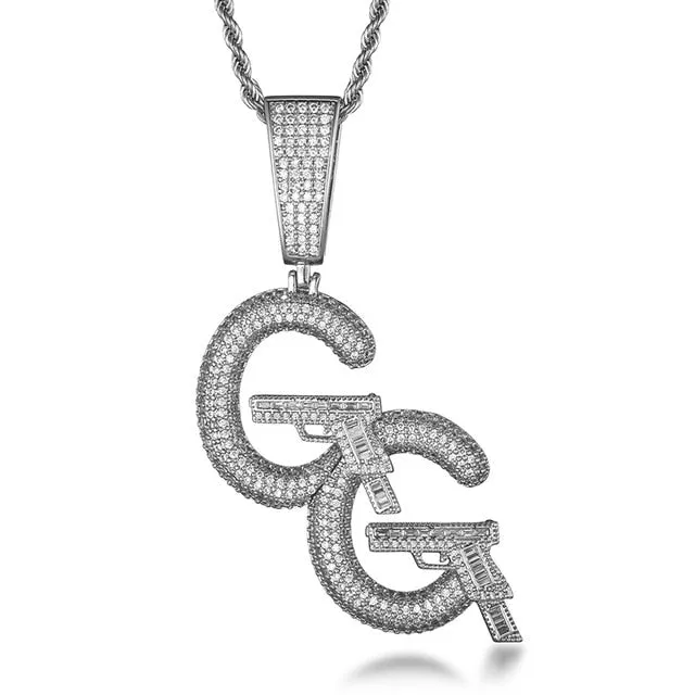 Cubic-Zirconia-Studded Double C and Pistols Hip-hop Pendant Necklace