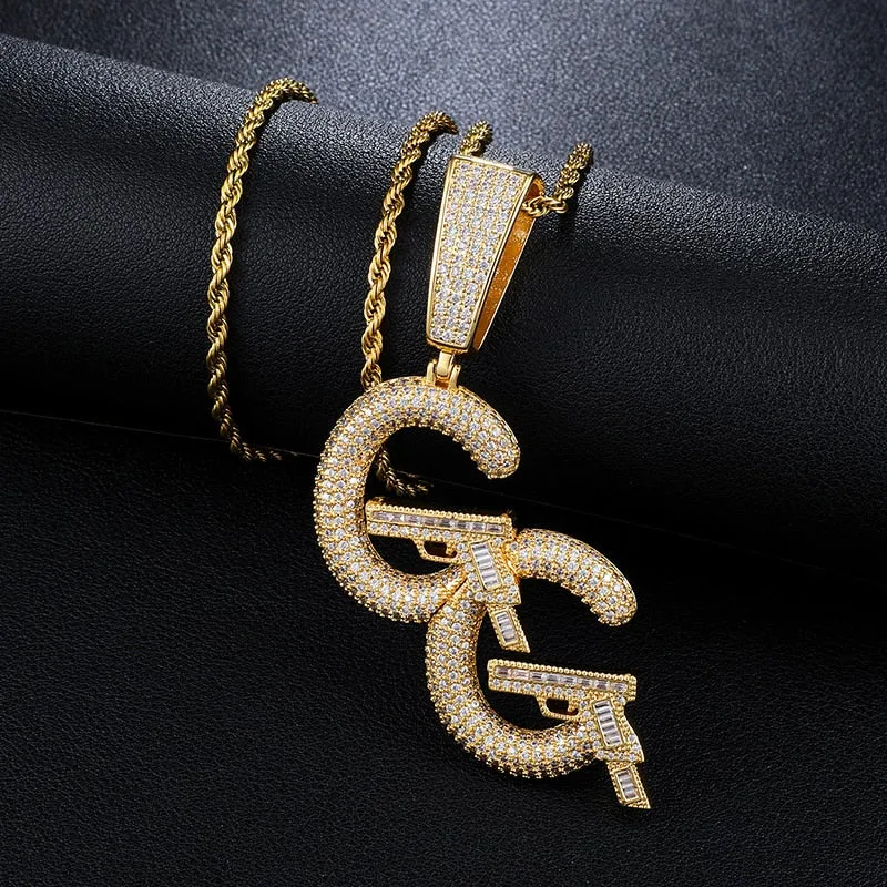 Cubic-Zirconia-Studded Double C and Pistols Hip-hop Pendant Necklace