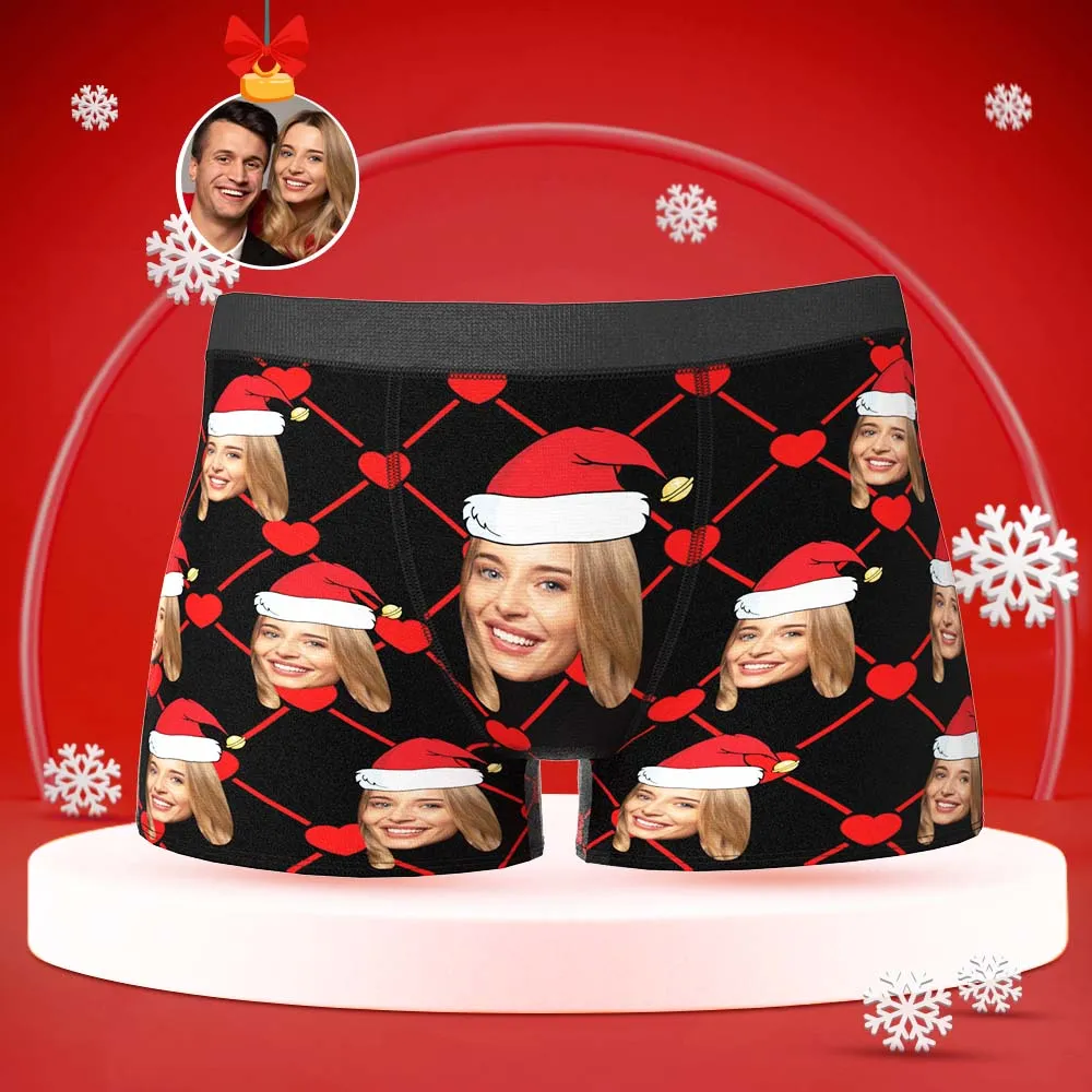 Custom Face Boxer with Girlfriend Picture Personalised Christmas Hat Pattern Men's Shorts