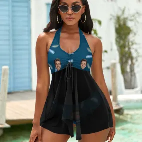 Custom Face Boyfriend Women's Strappy Neck Dress Swimsuit - Feather