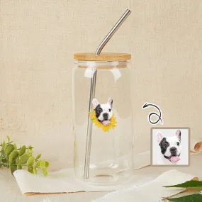 Custom Pet Face 17OZ Glass Cup with Bamboo Lid Personalized Coffee Cup